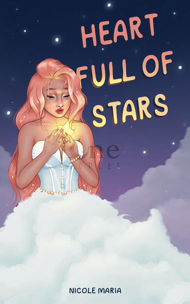 Illustration of a girl with pink long hair and a long white clouddress holding a bright shining star
